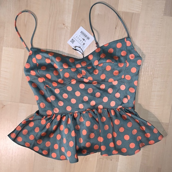 ZARA Green & Orange Polka Dot Peplum Bustier Top - Picture 2 of 9